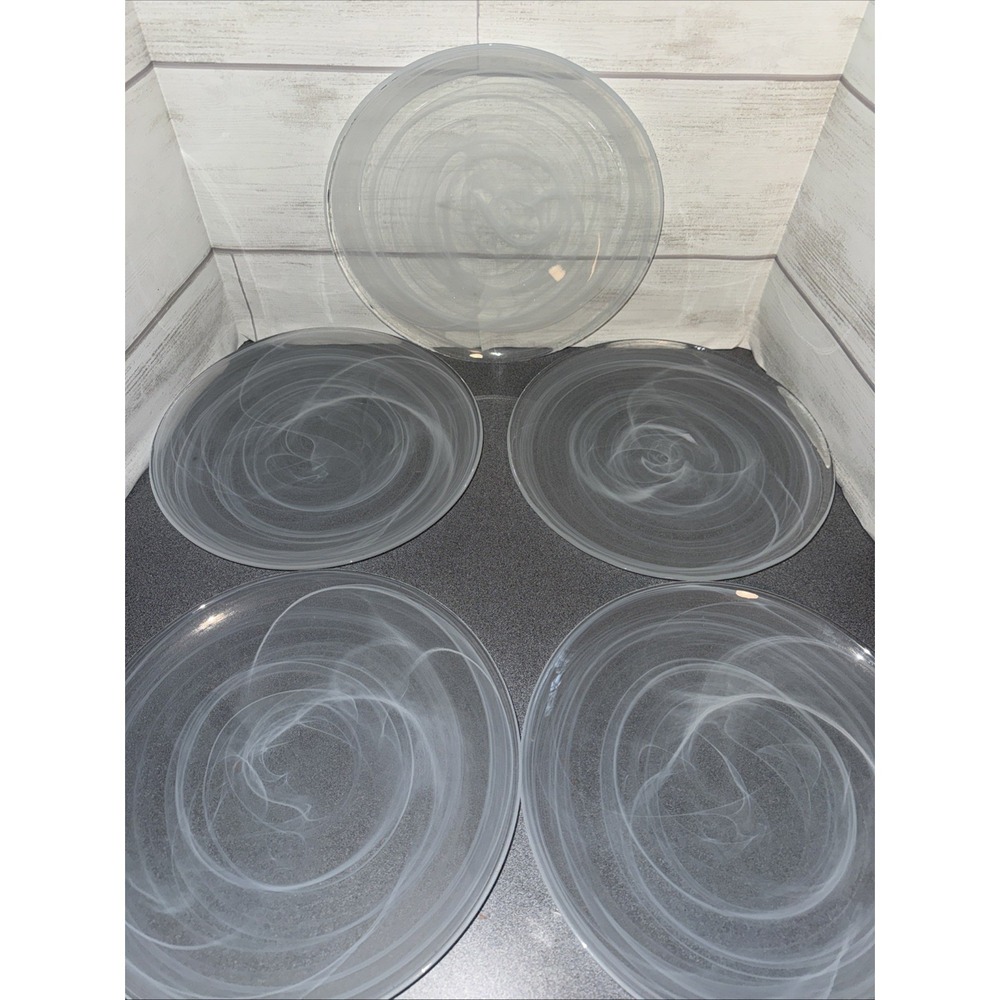 Turkish Akcam White Swirl Dinner Plates Set Of 5 Handmade‎ Art Glass 11" Wide